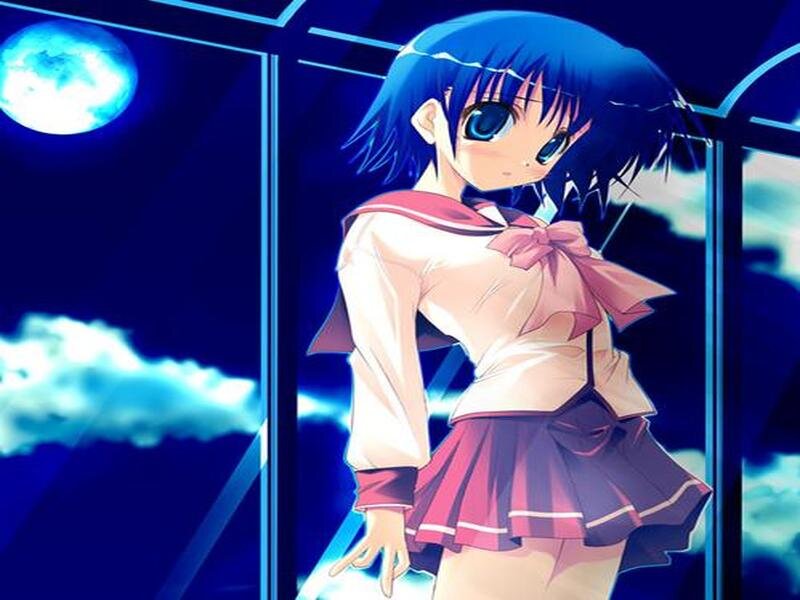 Anime Girl in School Uniform — Blue, Dramatic, Night, Moon