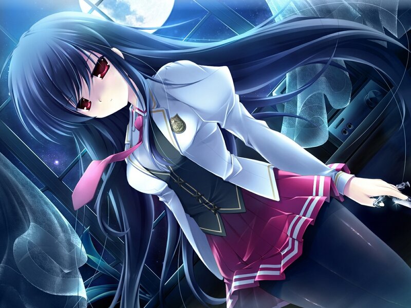 Anime Girl in School Uniform — Blue, Dramatic, Night, School Uniform, Long Hair