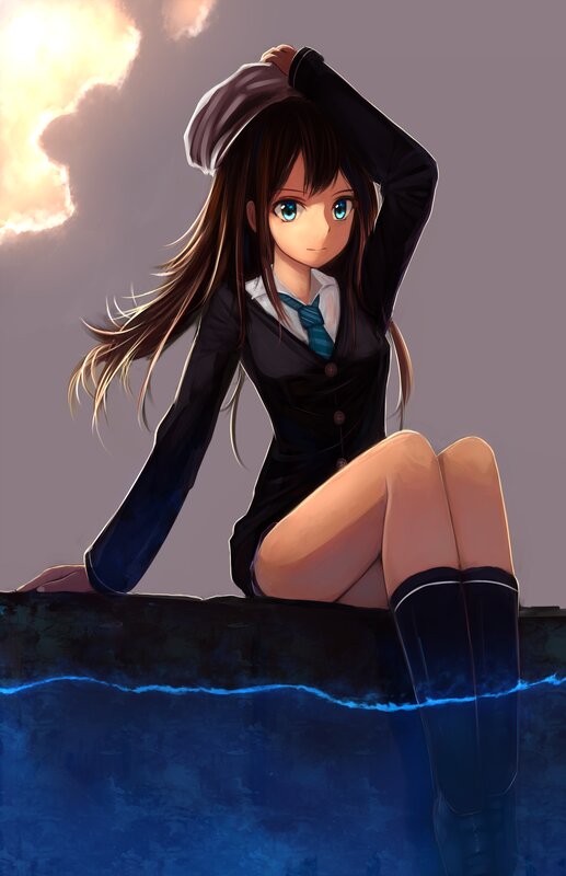 Anime Girl in School Uniform — Blue, Dramatic, Sunset, Digital Art