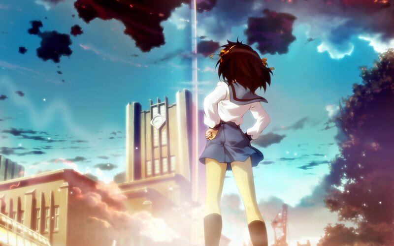 Anime Girl in School Uniform — Blue, Dramatic, Sunset, School Building, Sky