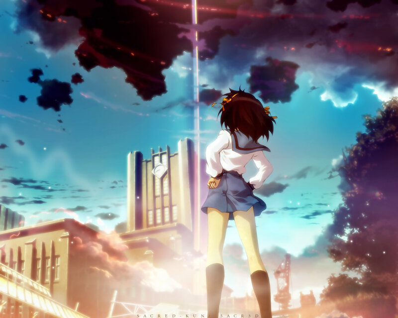 Anime Girl in School Uniform — Blue, Dramatic, Sunset, School Building