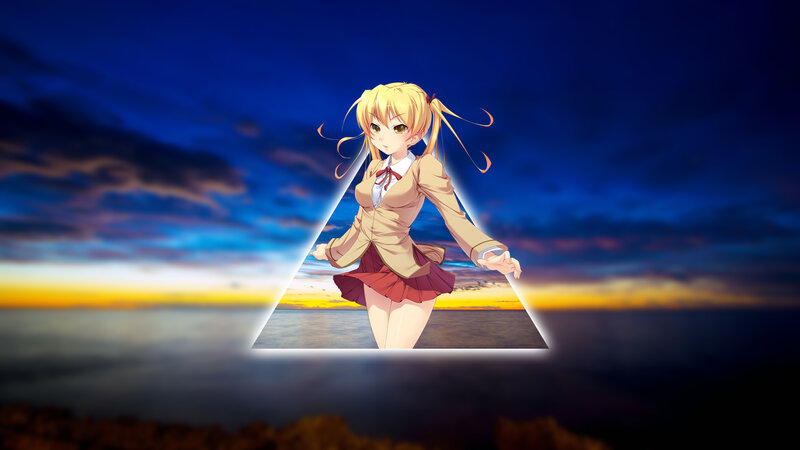Anime Girl in School Uniform — Blue, Dramatic, Sunset, School Uniform, Pigtails