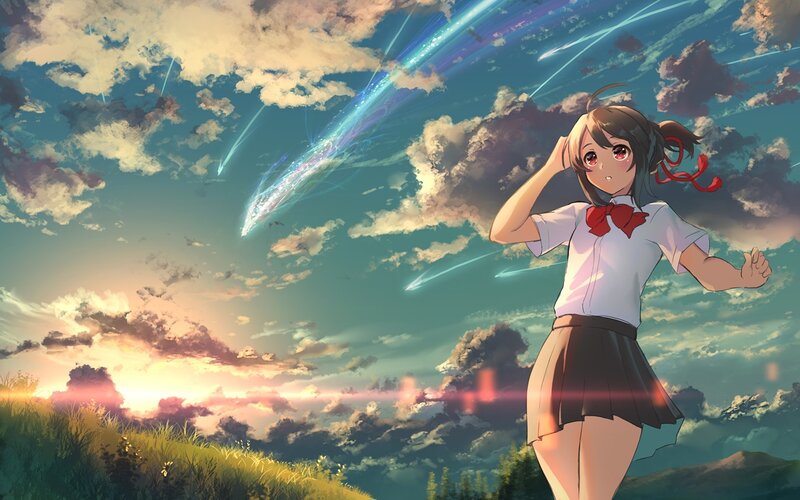 Anime Girl in School Uniform — Blue, Dramatic, Sunset, Sky