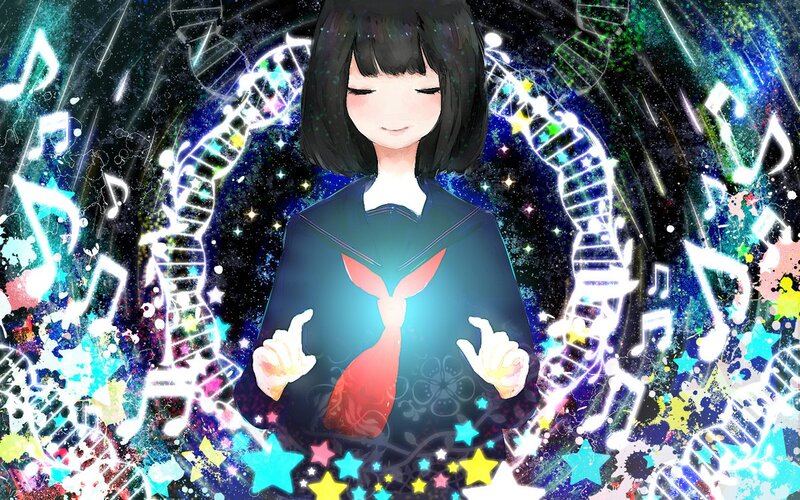 Anime Girl in School Uniform — Blue, Dreamy, Night, Digital Art, Music Notes