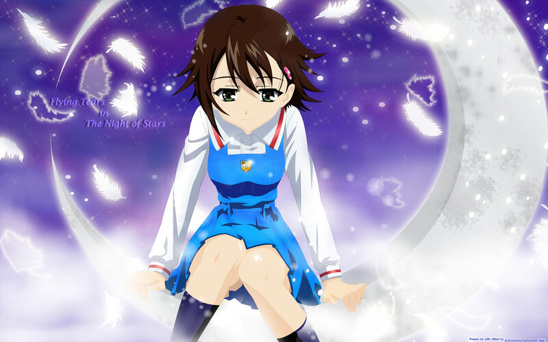 Anime Girl in School Uniform — Blue, Dreamy, Night, Feathers