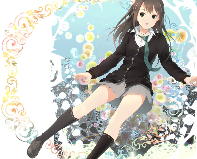 Anime Girl in School Uniform — Blue, Dreamy, School Uniform, Flowers