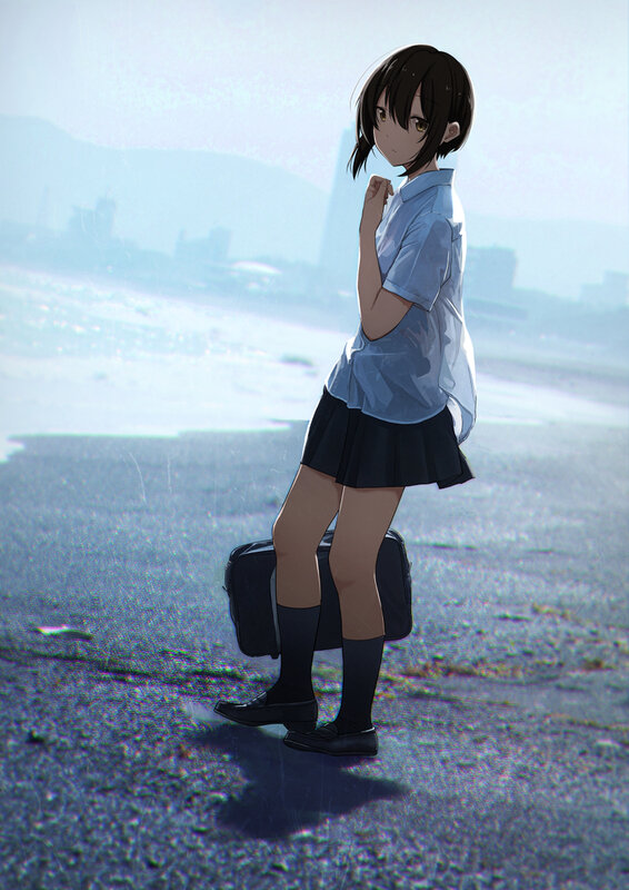Anime Girl in School Uniform — Blue, Melancholic, Morning