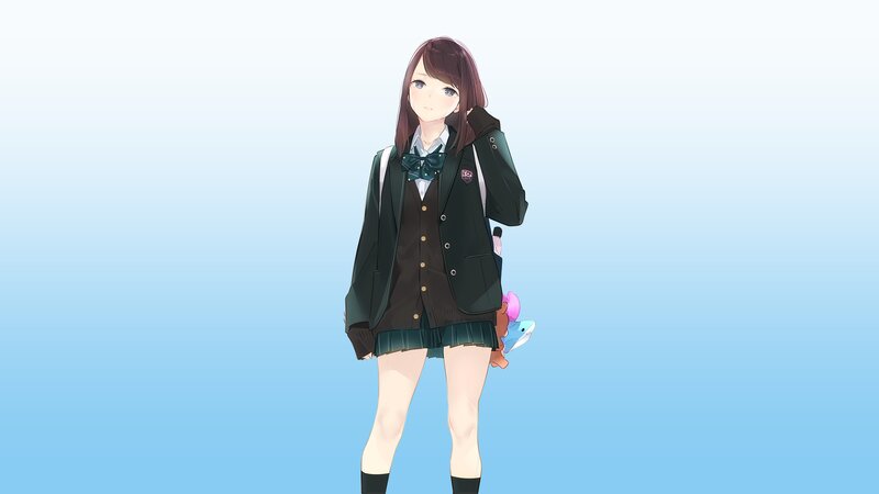 Anime Girl in School Uniform — Blue, Neutral, Digital Art, School Uniform, Backpack