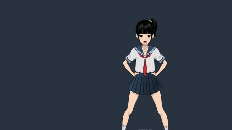 Anime Girl in School Uniform — Blue, Neutral, School Uniform, Ponytail, Hands on Hips