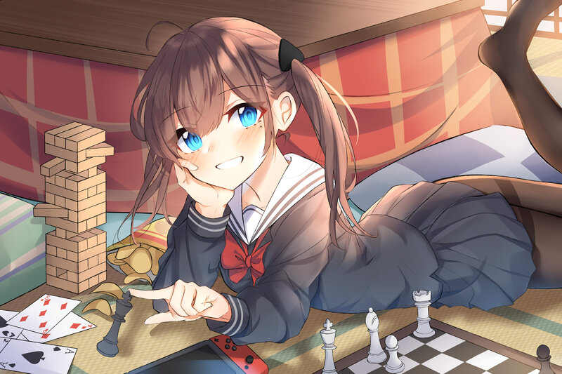 Anime Girl in School Uniform — Blue, Playful, Afternoon, Digital Art