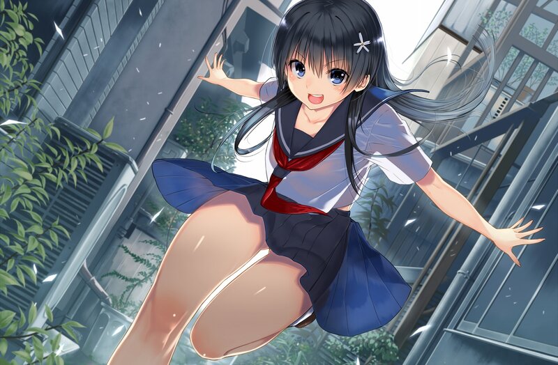 Anime Girl in School Uniform — Blue, Playful, Afternoon, School Uniform, Building