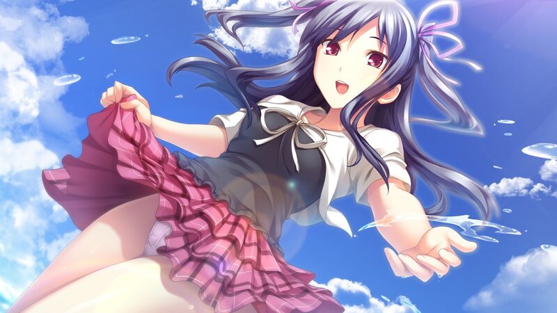 Anime Girl in School Uniform — Blue, Playful, Afternoon, School Uniform, Sky, Clouds