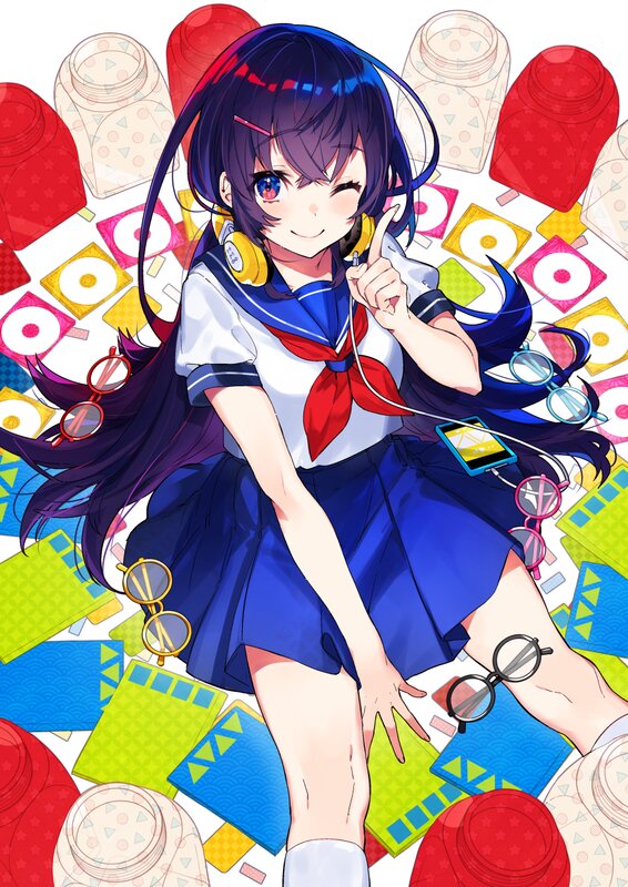 Anime Girl in School Uniform — Blue, Playful, Headphones