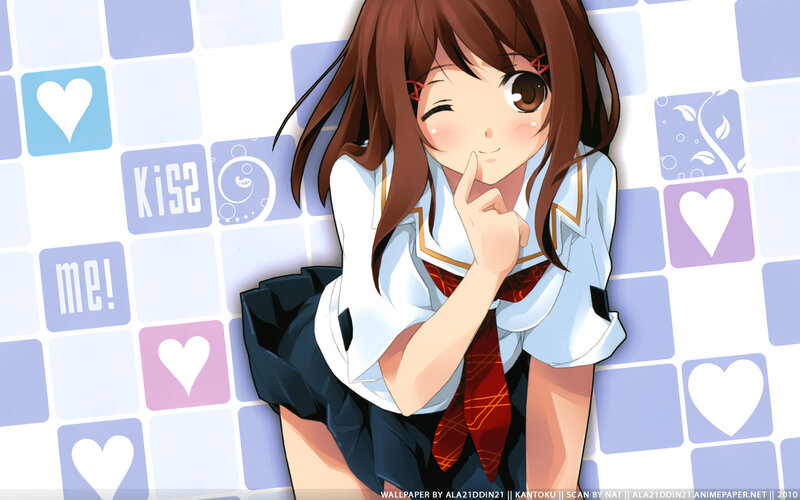 Anime Girl in School Uniform — Blue, Playful, School Uniform, Heart Symbols