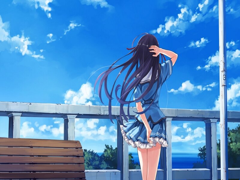 Anime Girl in School Uniform — Blue, Serene, Afternoon, Bench