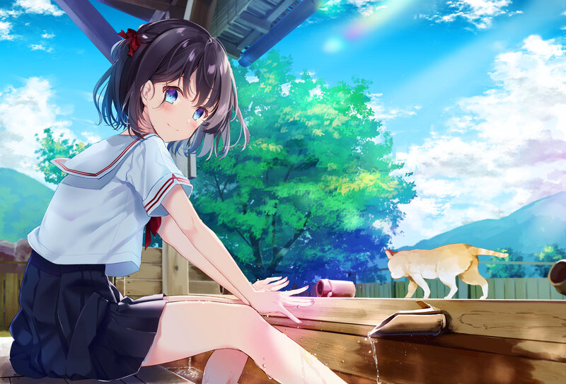Anime Girl in School Uniform — Blue, Serene, Afternoon, Cat