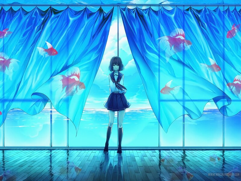 Anime Girl in School Uniform — Blue, Serene, Afternoon, Curtains