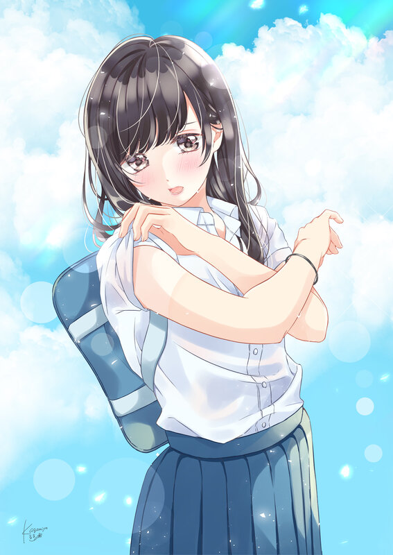 Anime Girl in School Uniform — Blue, Serene, Afternoon, Digital Art, Backpack, Clouds