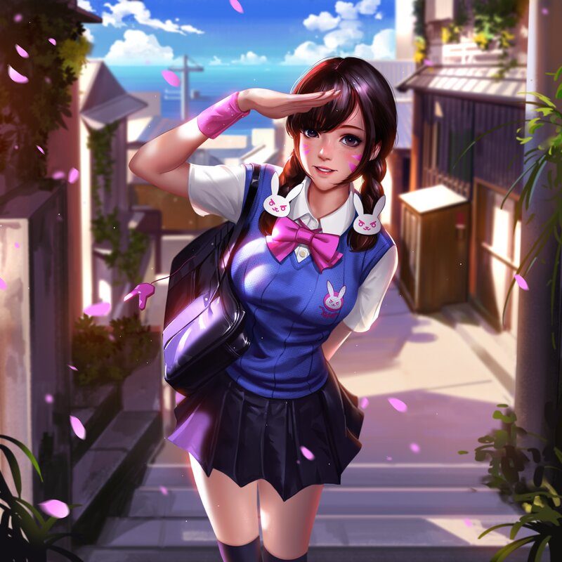 Anime Girl in School Uniform — Blue, Serene, Afternoon, Digital Art, Backpack