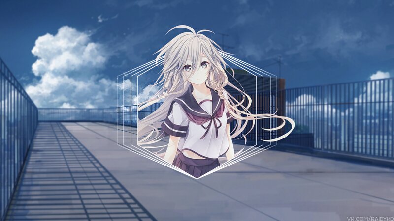 Anime Girl in School Uniform — Blue, Serene, Afternoon, Digital Art, Clouds