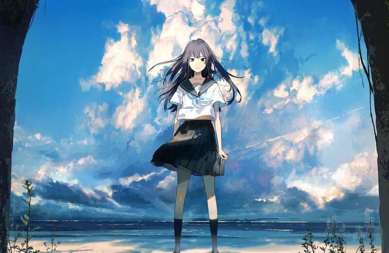 Anime Girl in School Uniform — Blue, Serene, Afternoon, Digital Art, Sky