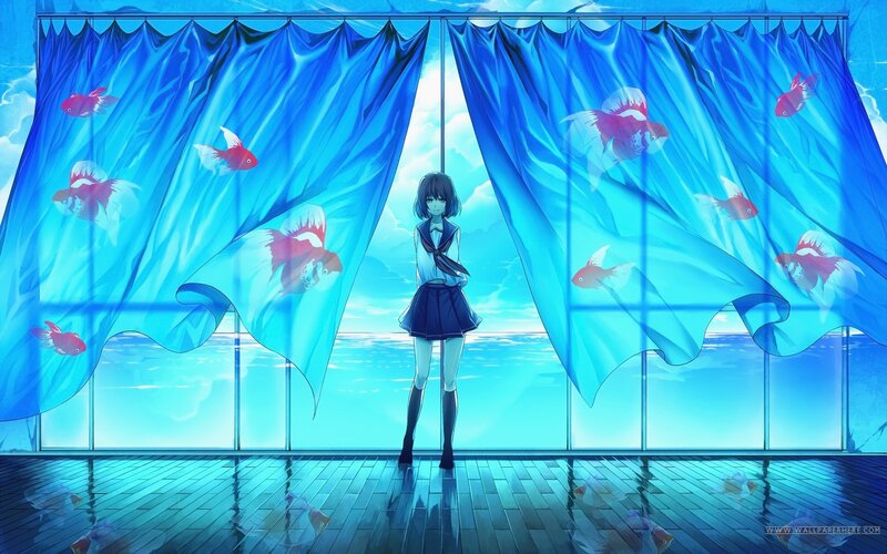 Anime Girl in School Uniform — Blue, Serene, Afternoon, Goldfish