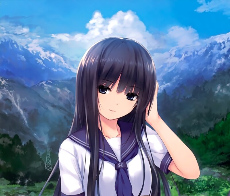 Anime Girl in School Uniform — Blue, Serene, Afternoon, Mountains