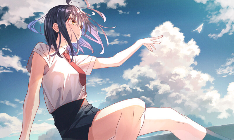 Anime Girl in School Uniform — Blue, Serene, Afternoon, Paper Airplane