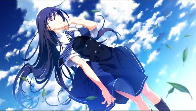 Anime Girl in School Uniform — Blue, Serene, Afternoon, School Uniform, Clouds, Leaves