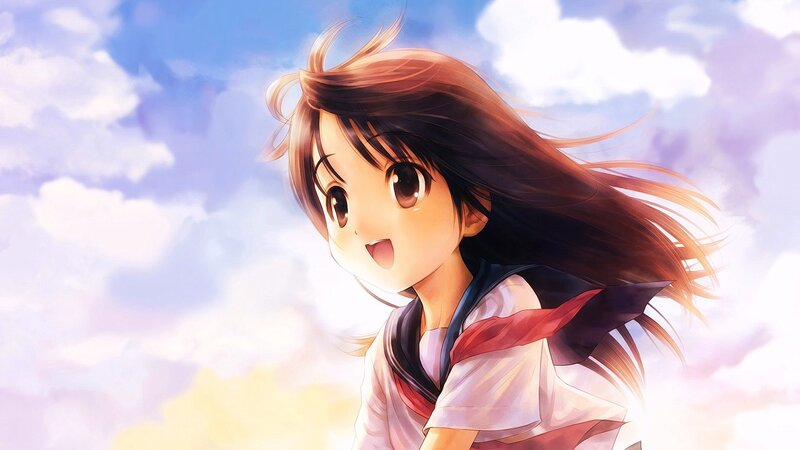 Anime Girl in School Uniform — Blue, Serene, Afternoon, School Uniform, Clouds, Sky