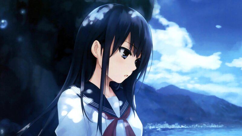 Anime Girl in School Uniform — Blue, Serene, Afternoon, School Uniform, Mountain