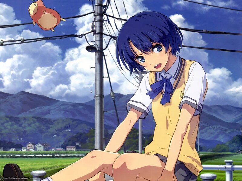 Anime Girl in School Uniform — Blue, Serene, Afternoon, School Uniform, Power Lines