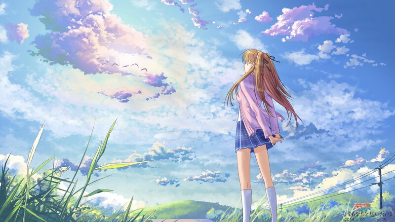 Anime Girl in School Uniform — Blue, Serene, Afternoon, Sky, Clouds