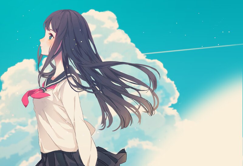 Anime Girl in School Uniform — Blue, Serene, Afternoon, Sky