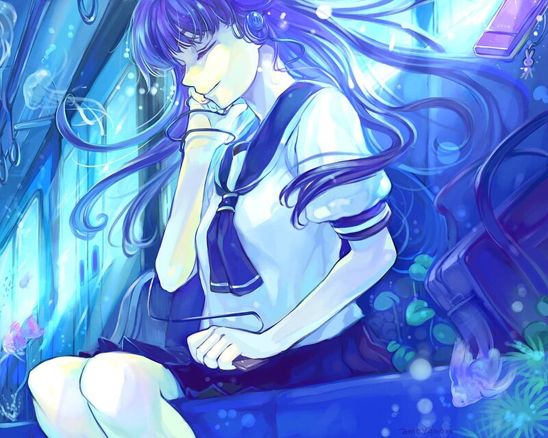 Anime Girl in School Uniform — Blue, Serene, Digital Art