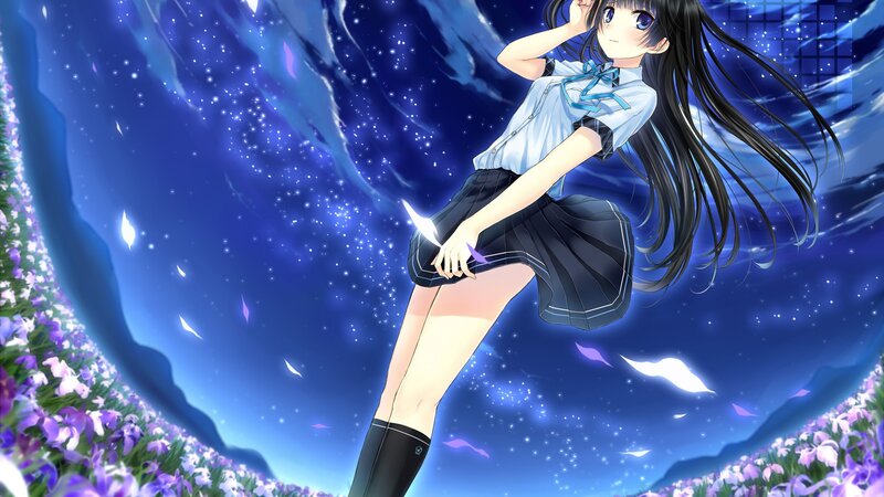 Anime Girl in School Uniform — Blue, Serene, Night, Digital Art, Flowers