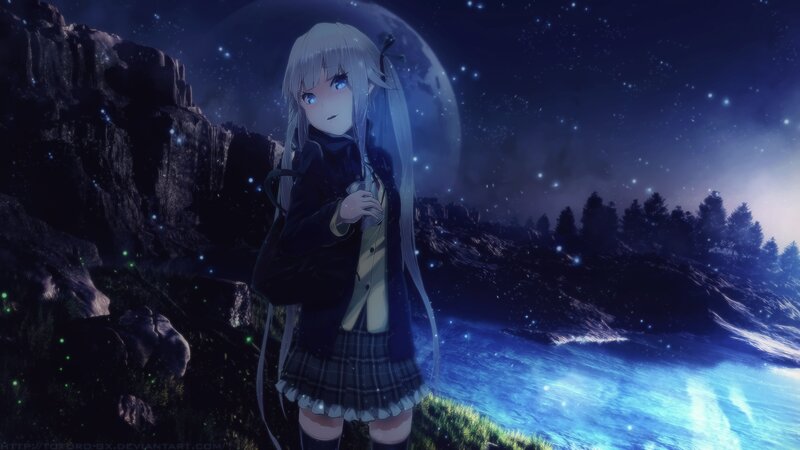 Anime Girl in School Uniform — Blue, Serene, Night, Digital Art, Moon