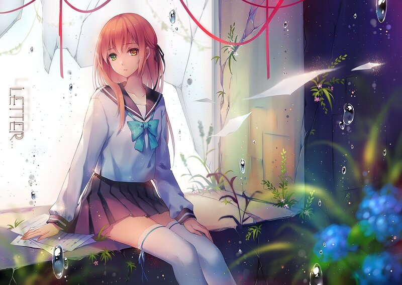 Anime Girl in School Uniform — Blue, Serene, Night, Digital Art, School Uniform, Flowers