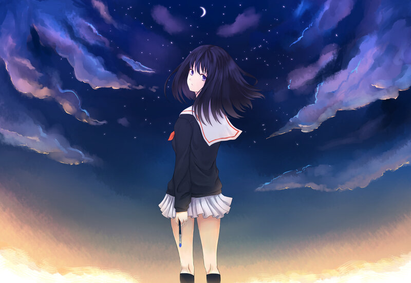 Anime Girl in School Uniform — Blue, Serene, Night, Digital Art