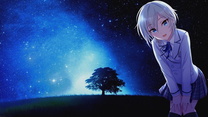 Anime Girl in School Uniform — Blue, Serene, Night, Digital Art, Tree
