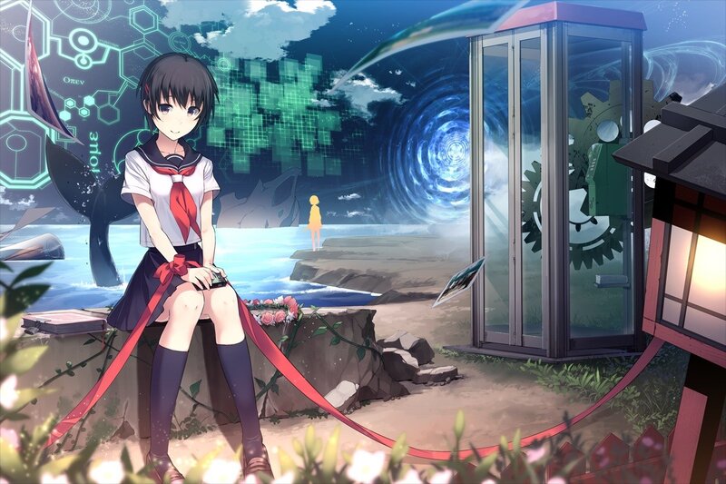 Anime Girl in School Uniform — Blue, Serene, Night, School Uniform, Phone Booth, Digital Interface