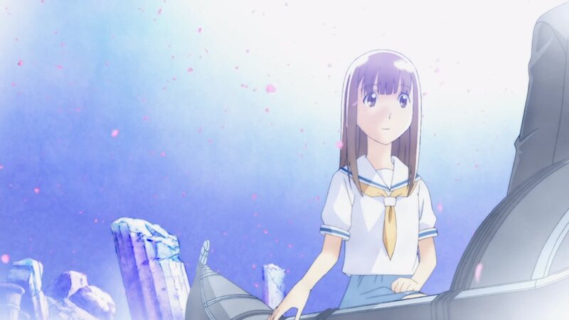 Anime Girl in School Uniform — Blue, Serene, Spring, School Uniform, Cherry Blossoms, Crystals