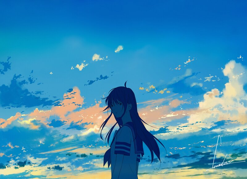 Anime Girl in School Uniform — Blue, Serene, Sunset, Digital Art, Clouds