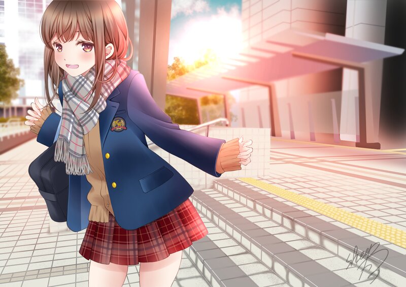 Anime Girl in School Uniform — Blue, Serene, Sunset, Digital Art, Scarf
