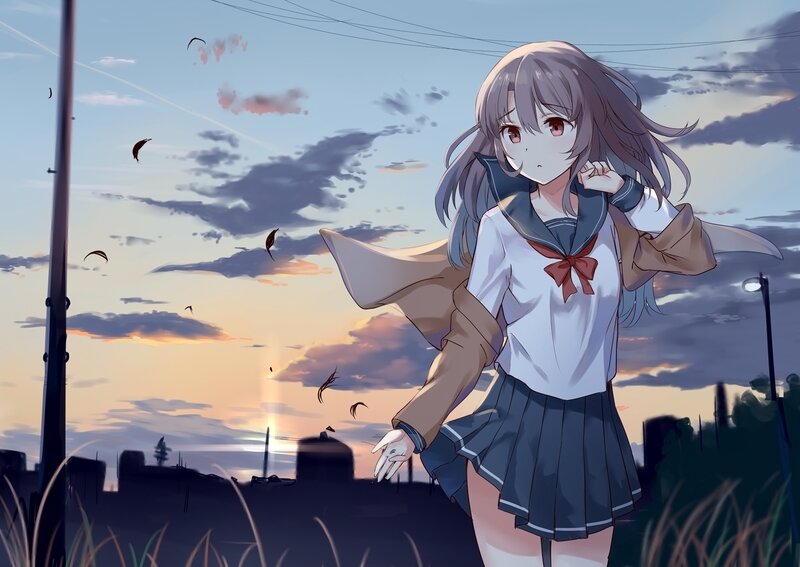 Anime Girl in School Uniform — Blue, Serene, Sunset, Digital Art