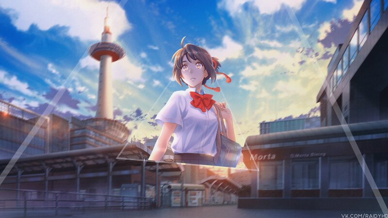 Anime Girl in School Uniform — Blue, Serene, Sunset, Digital Art, Tower