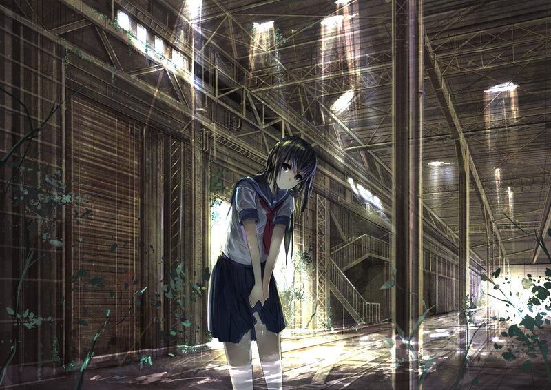 Anime Girl in School Uniform — Blue, Somber