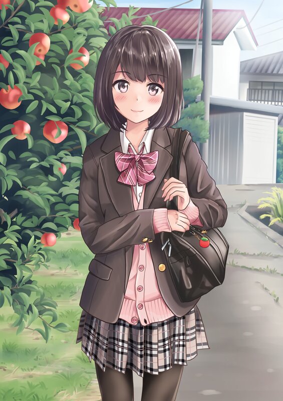 Anime Girl in School Uniform — Brown, Calm, Afternoon, Apple Tree