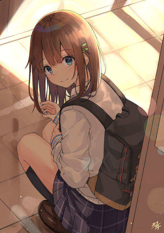 Anime Girl in School Uniform — Brown, Calm, Afternoon, Digital Art, Backpack