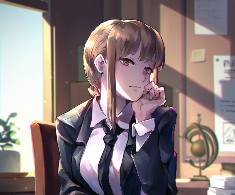 Anime Girl in School Uniform — Brown, Calm, Afternoon, Digital Art, Chair